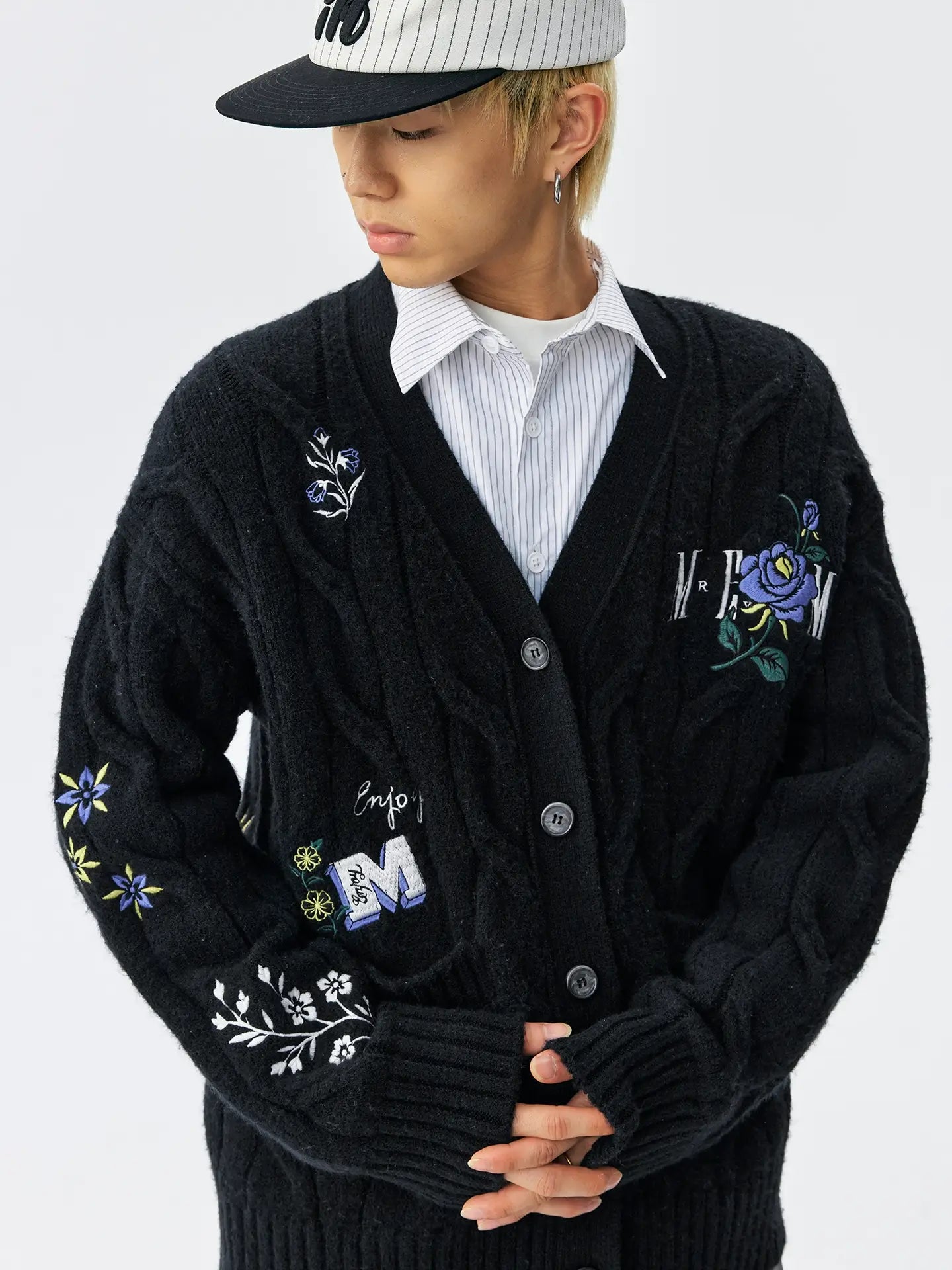 MEDM Floral Butterfly Embroidered Cable Knit Cardigan