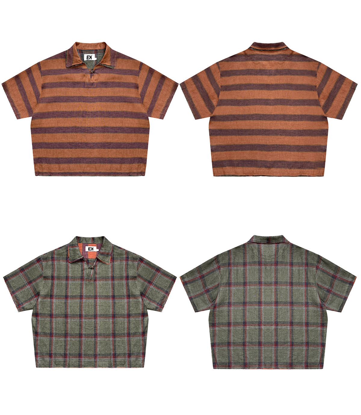 EVILKNIGHT(EK) Striped Plaid Tie-Dye Linen Polo Shirt