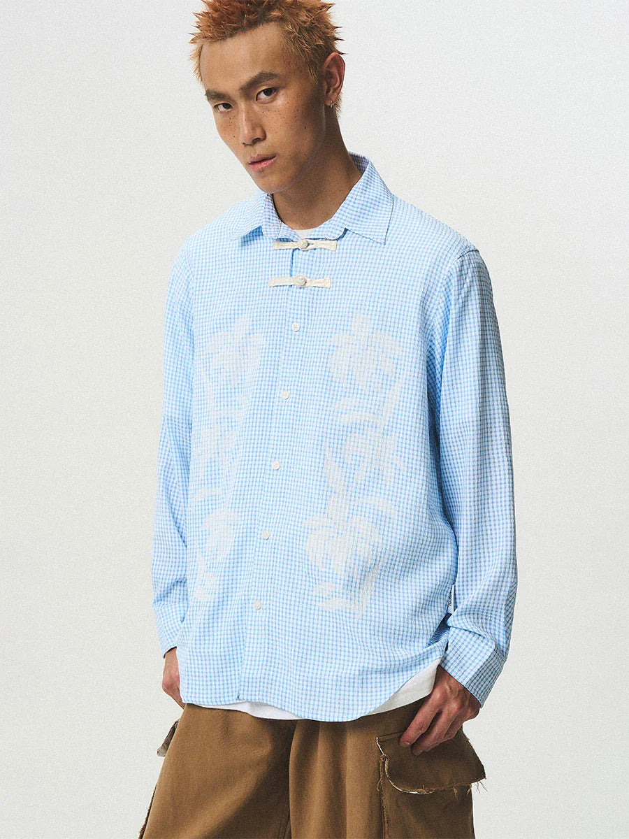 EMPTY REFERENCE Printed Blue Plaid Long Sleeve Shirt