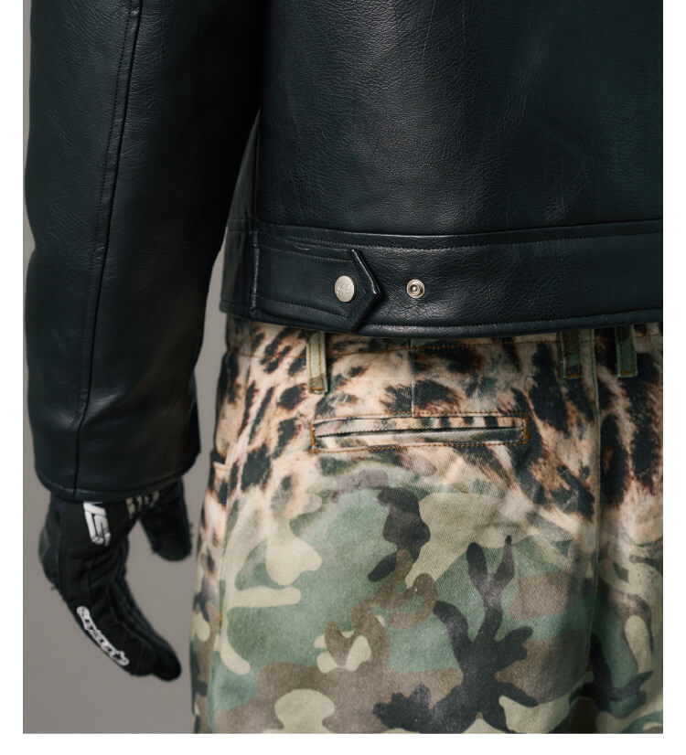 S45 Star Print PU Leather Leopard Lined Biker Jacket