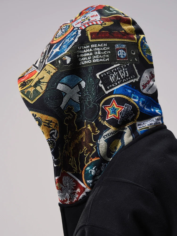Remedy Badge Print Hood Zip Up Hoodie