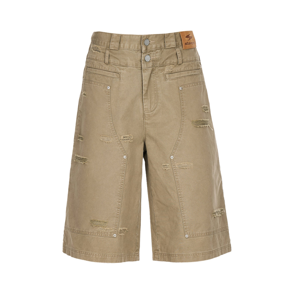 STEEPC Aged Torn Double Waisted Lumberjack Double Knee Baggy Shorts