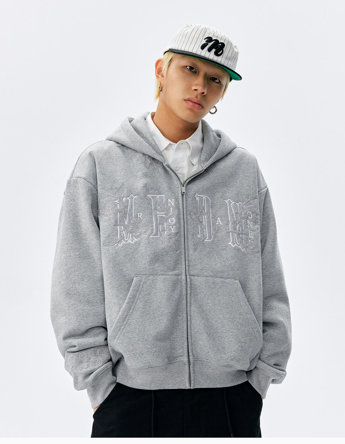MEDM Flower Embroidered Zip Up Hoodie