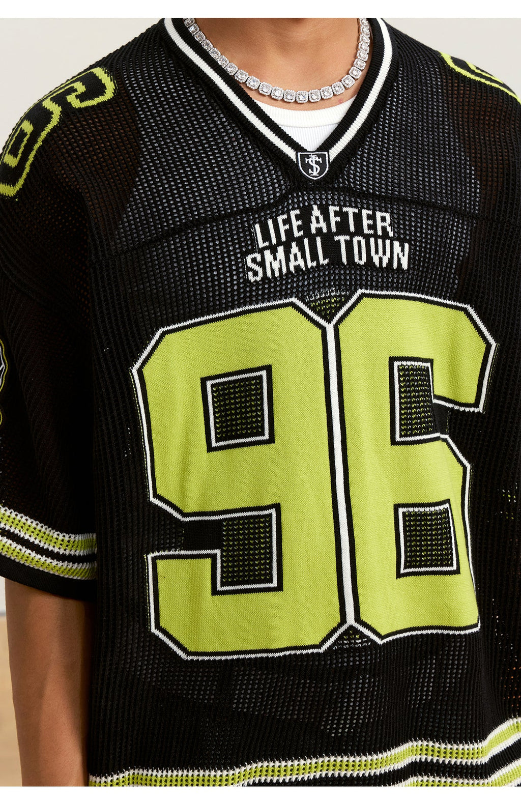Small Town Kid Mesh Knit V Neck Rugby Jersey