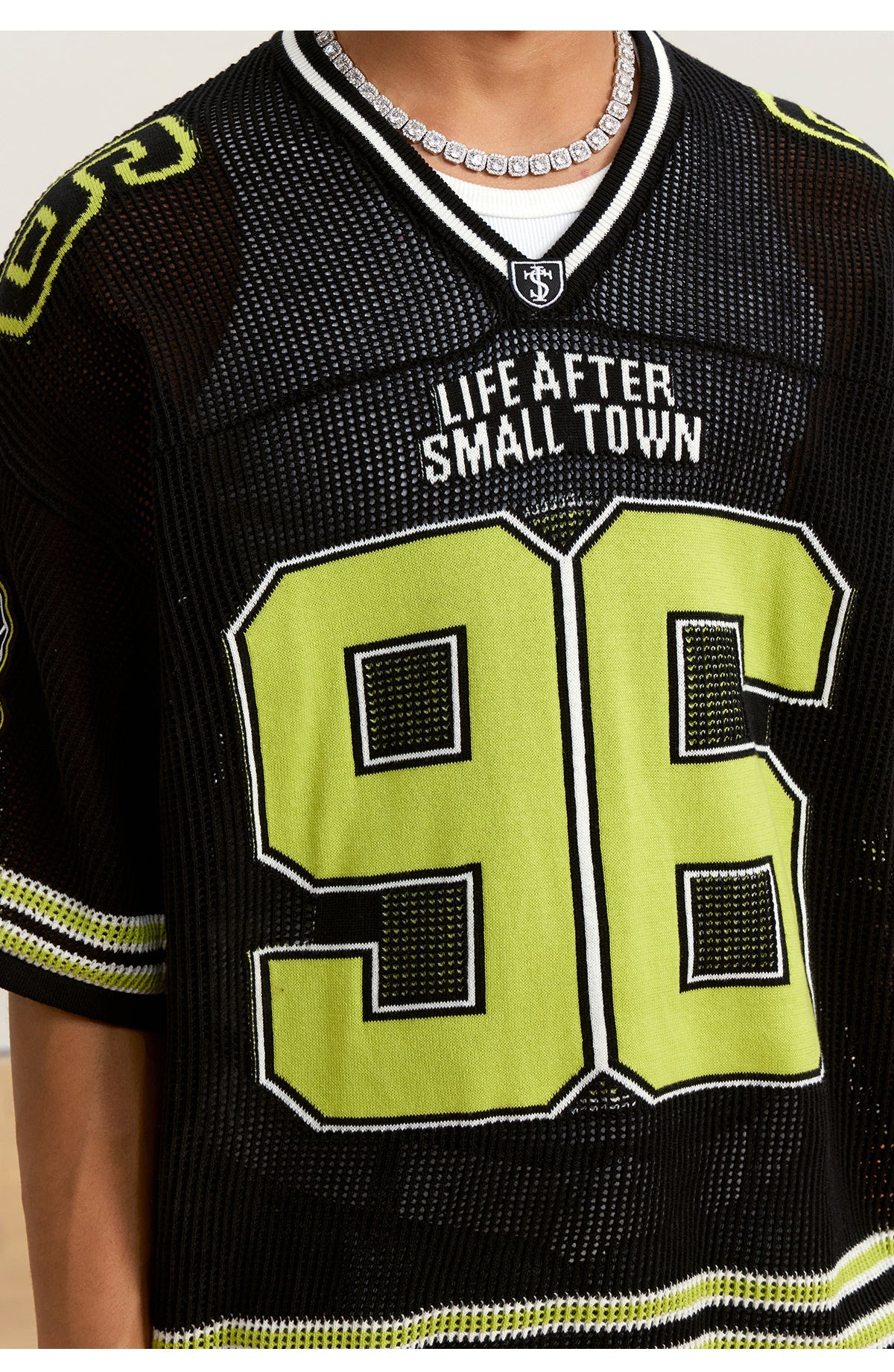 Small Town Kid Mesh Knit V Neck Rugby Jersey