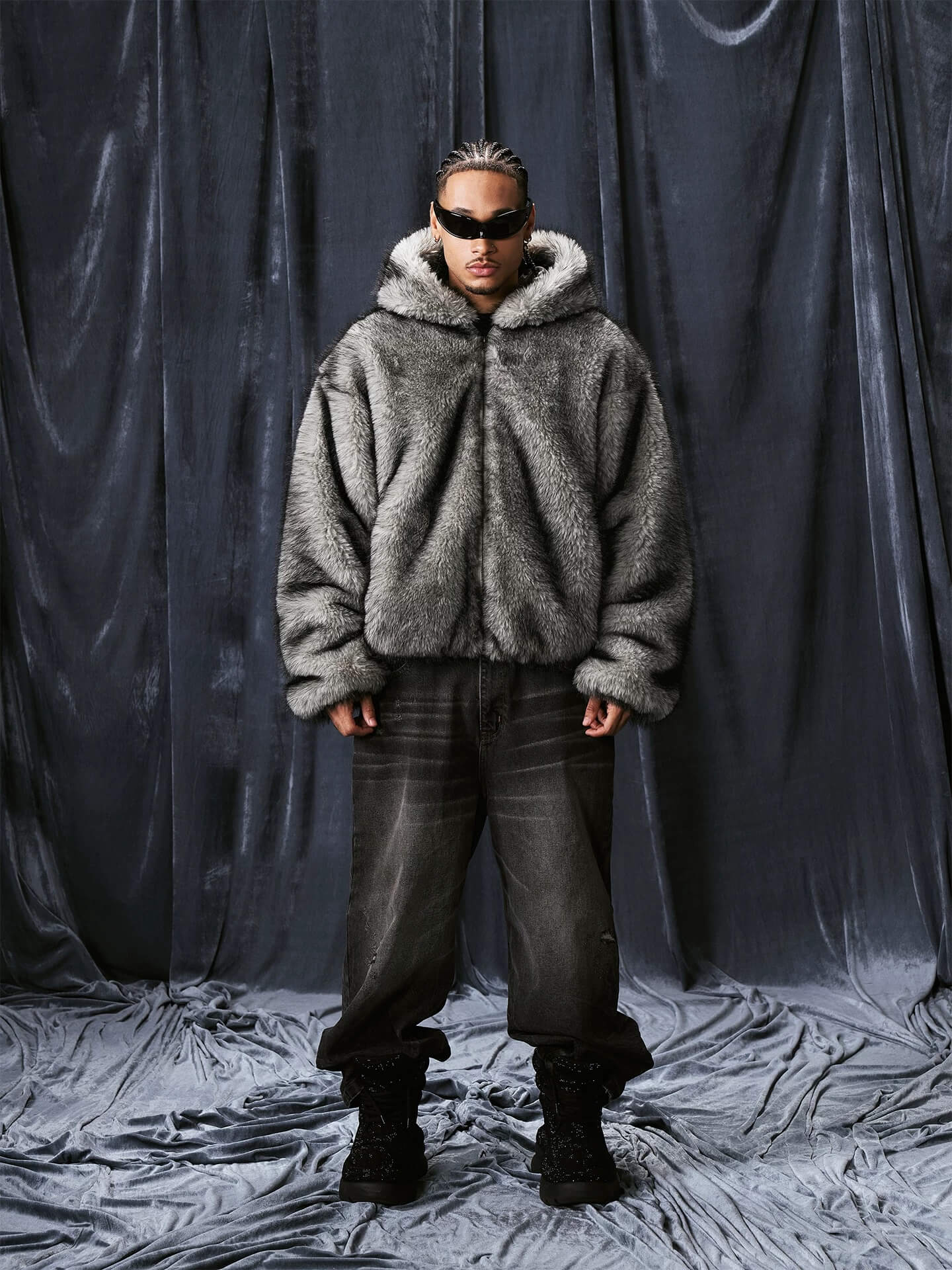 1807 Eco Faux Fur Digital Print Hooded Jacket