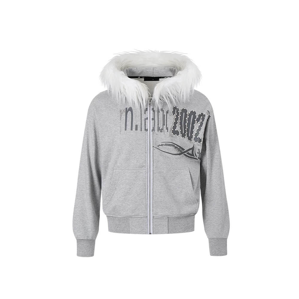 Night Lab Riveted Faux Fur Hood Zip Up Hoodie