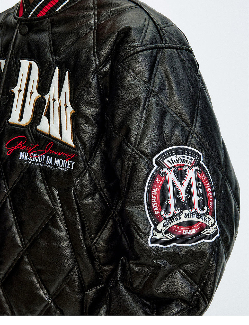 MEDM Diamond Quilted PU Leather Varsity Jacket