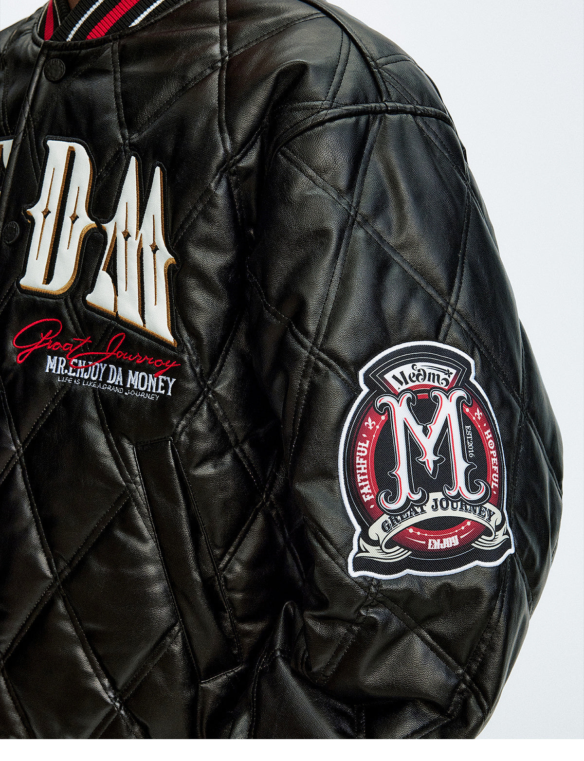 MEDM Diamond Quilted PU Leather Varsity Jacket