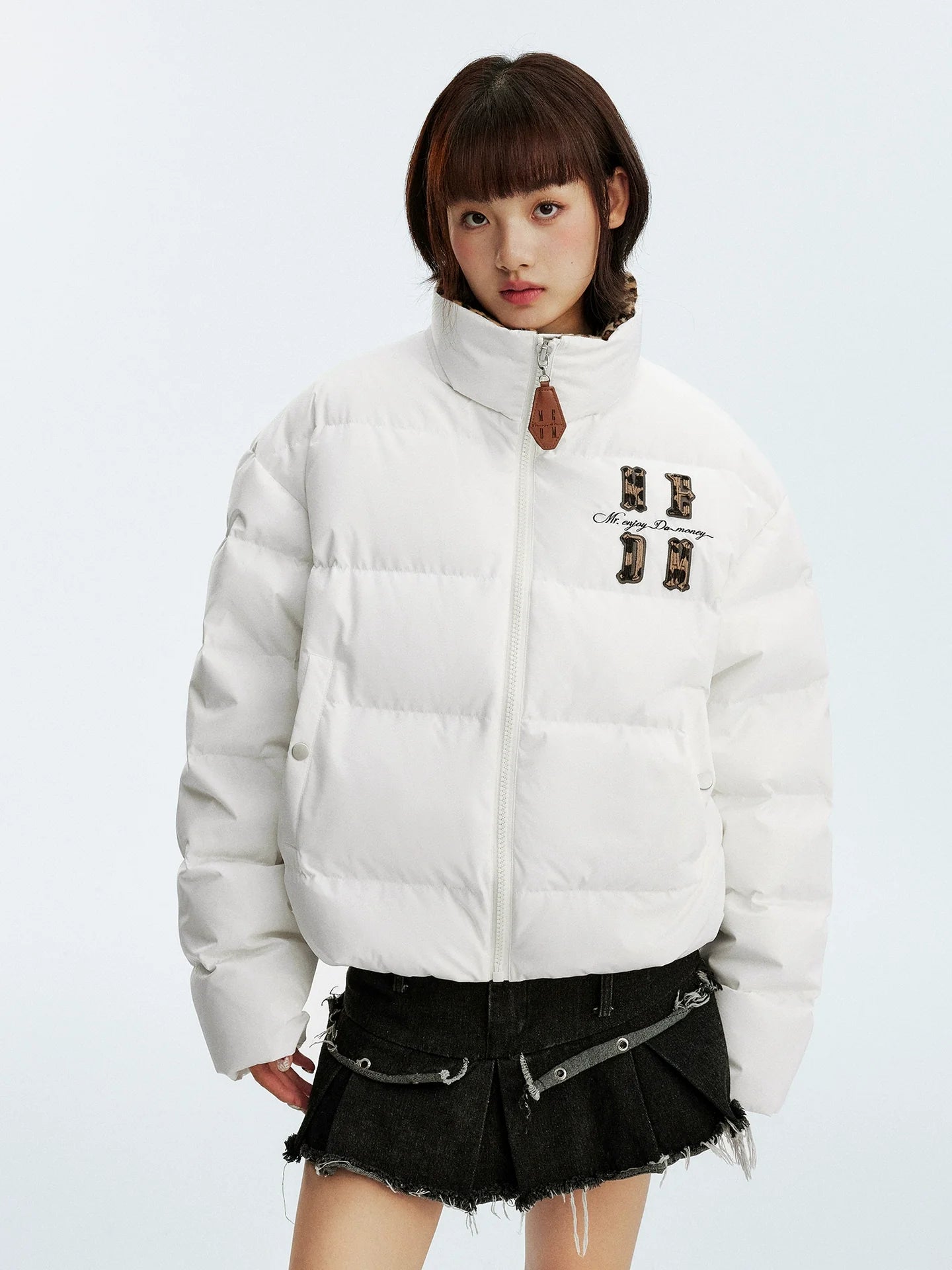 MEDM Leopard Collar Logo Patch Down Jacket