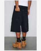 NOVACAM Washed Denim Zip Pocket Work Baggy Shorts