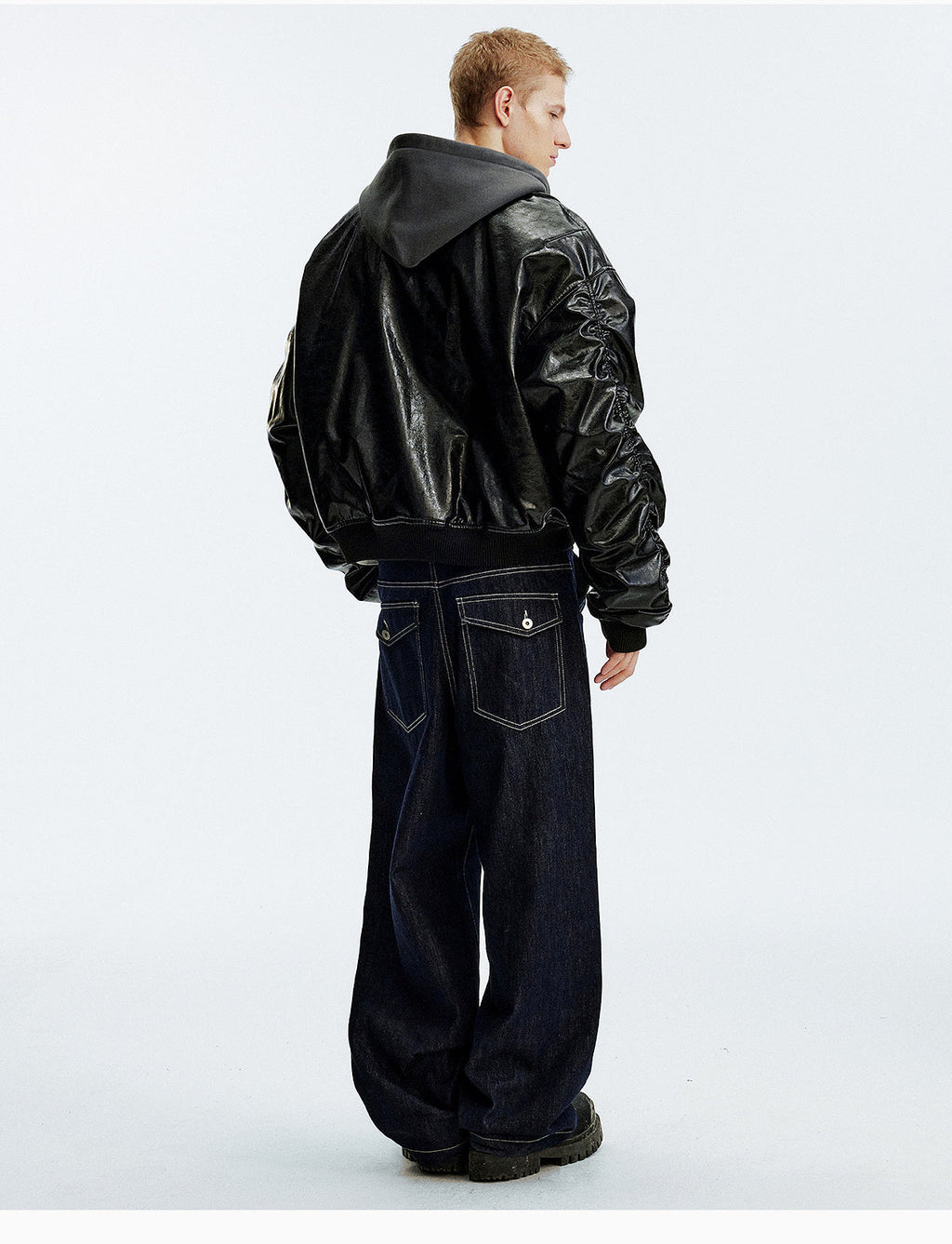 MEDM Layered Hood PU Leather Bomber Jacket