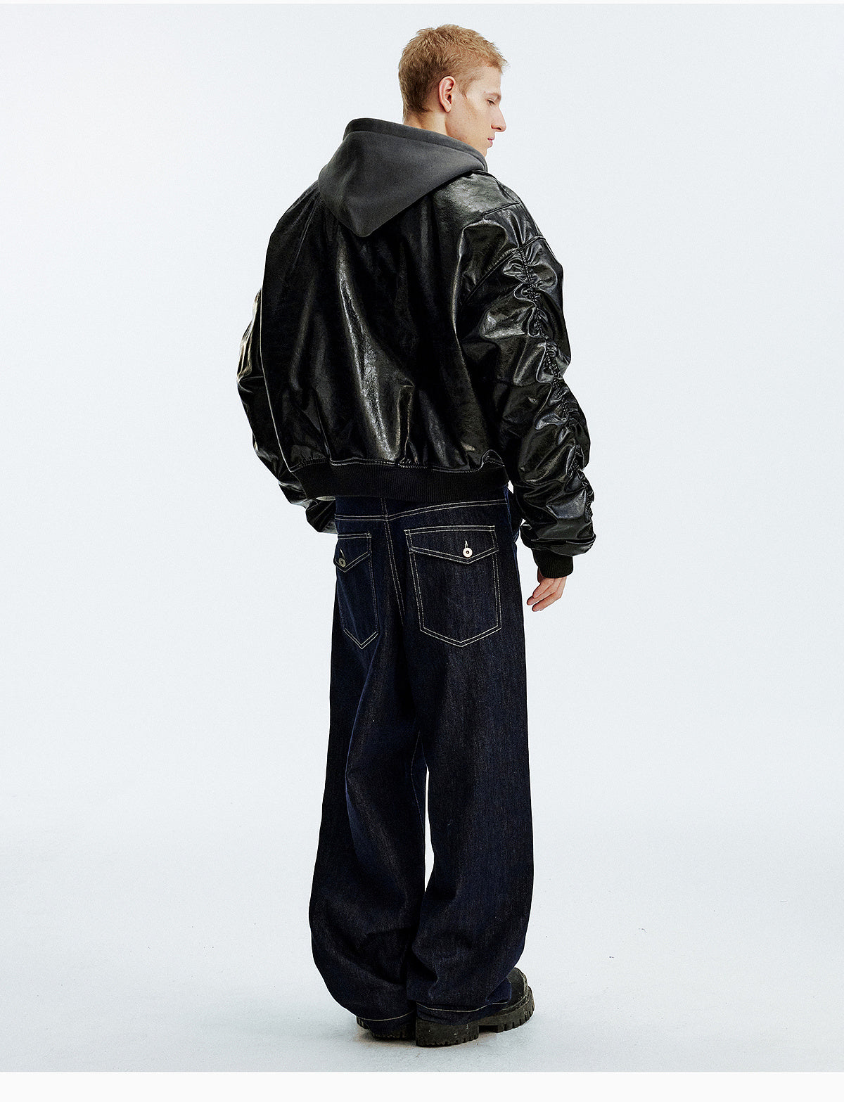 MEDM Layered Hood PU Leather Bomber Jacket