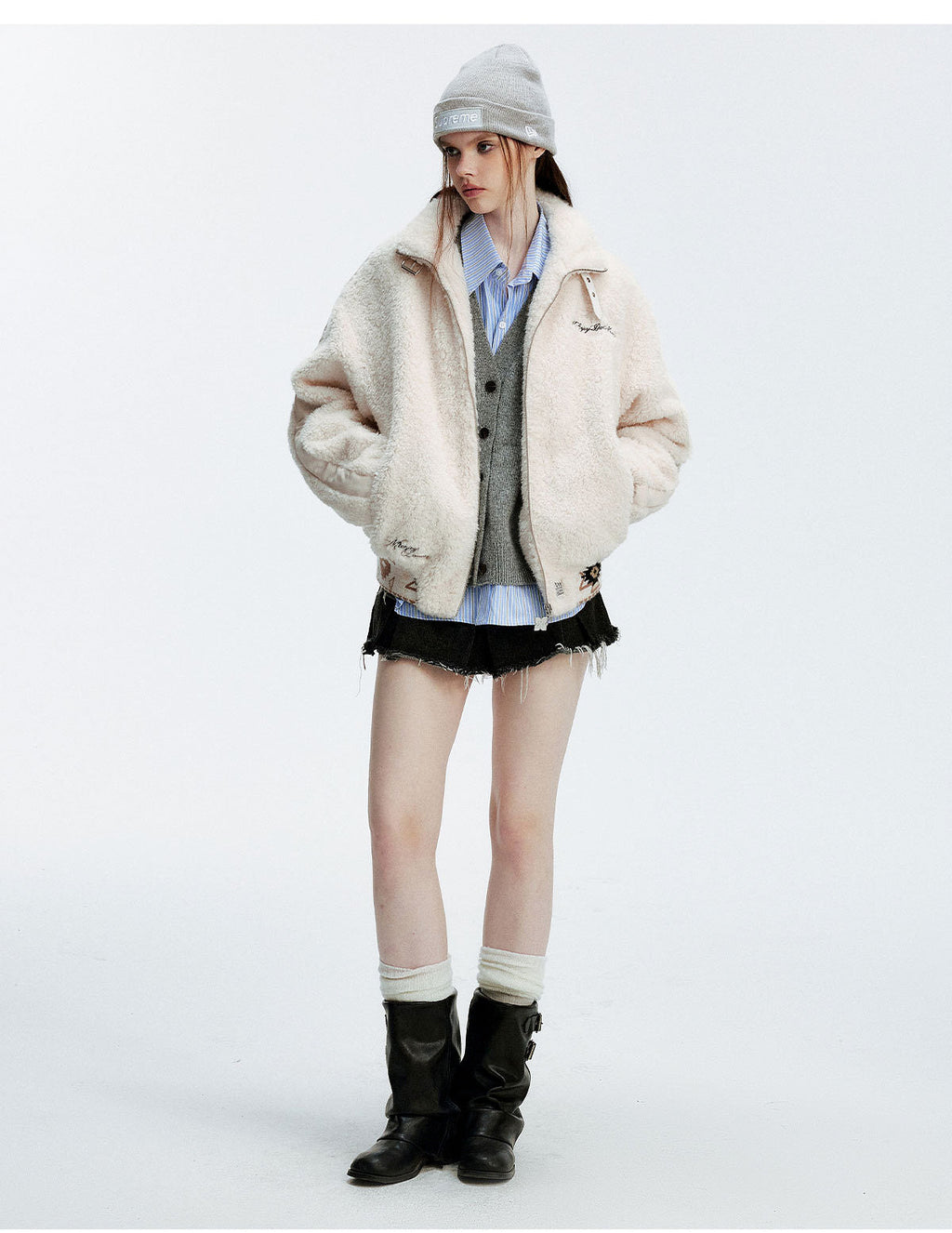 MEDM Ethnic Trim Belted Sherpa Jacket
