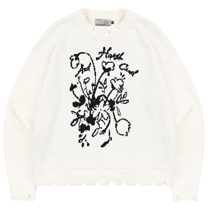 Harsh and Cruel Hand Drawn Flowers Knit Sweater