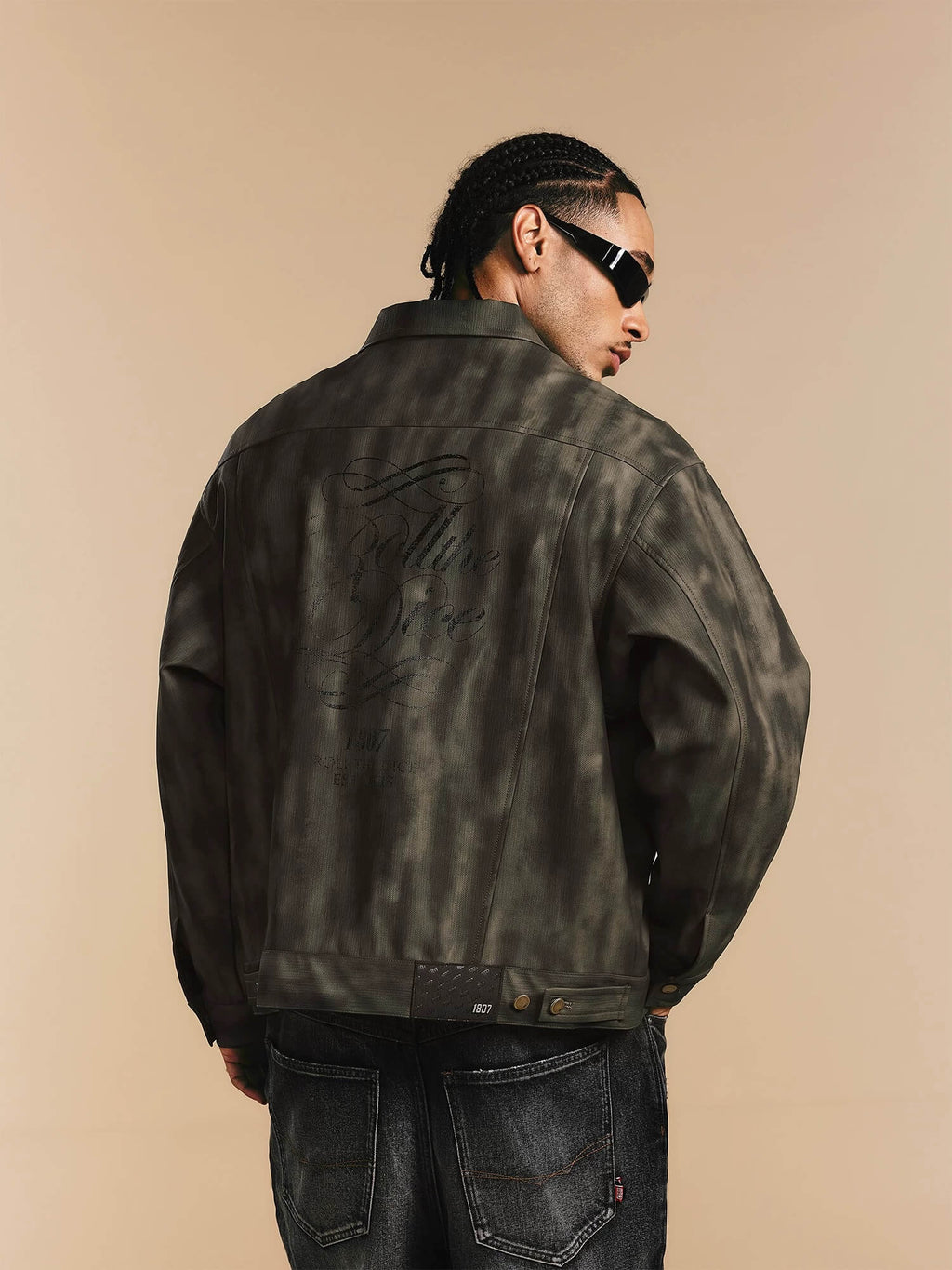 1807 ROLLTHEDICE Cat Eye Stone Embellished PU Leather Jacket