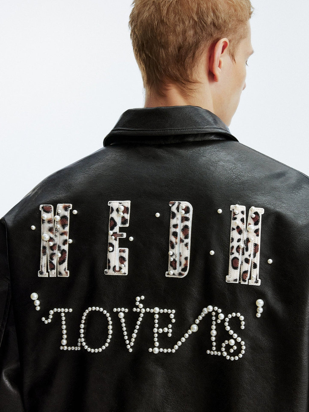 MEDM Leopard Patch Pearl PU Leather Varsity Jacket