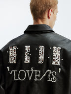 MEDM Leopard Patch Pearl PU Leather Varsity Jacket