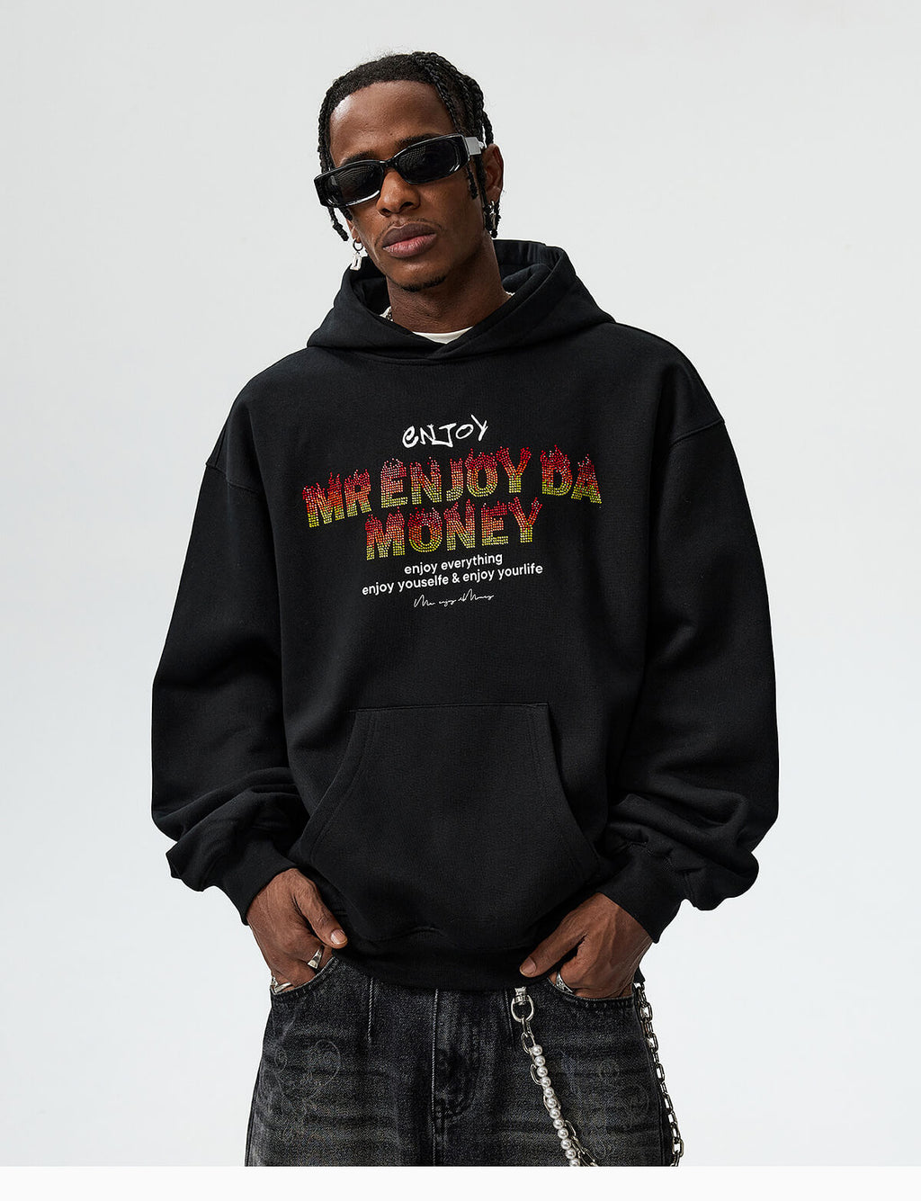 MEDM Flame Rhinestone Embellished Hoodie