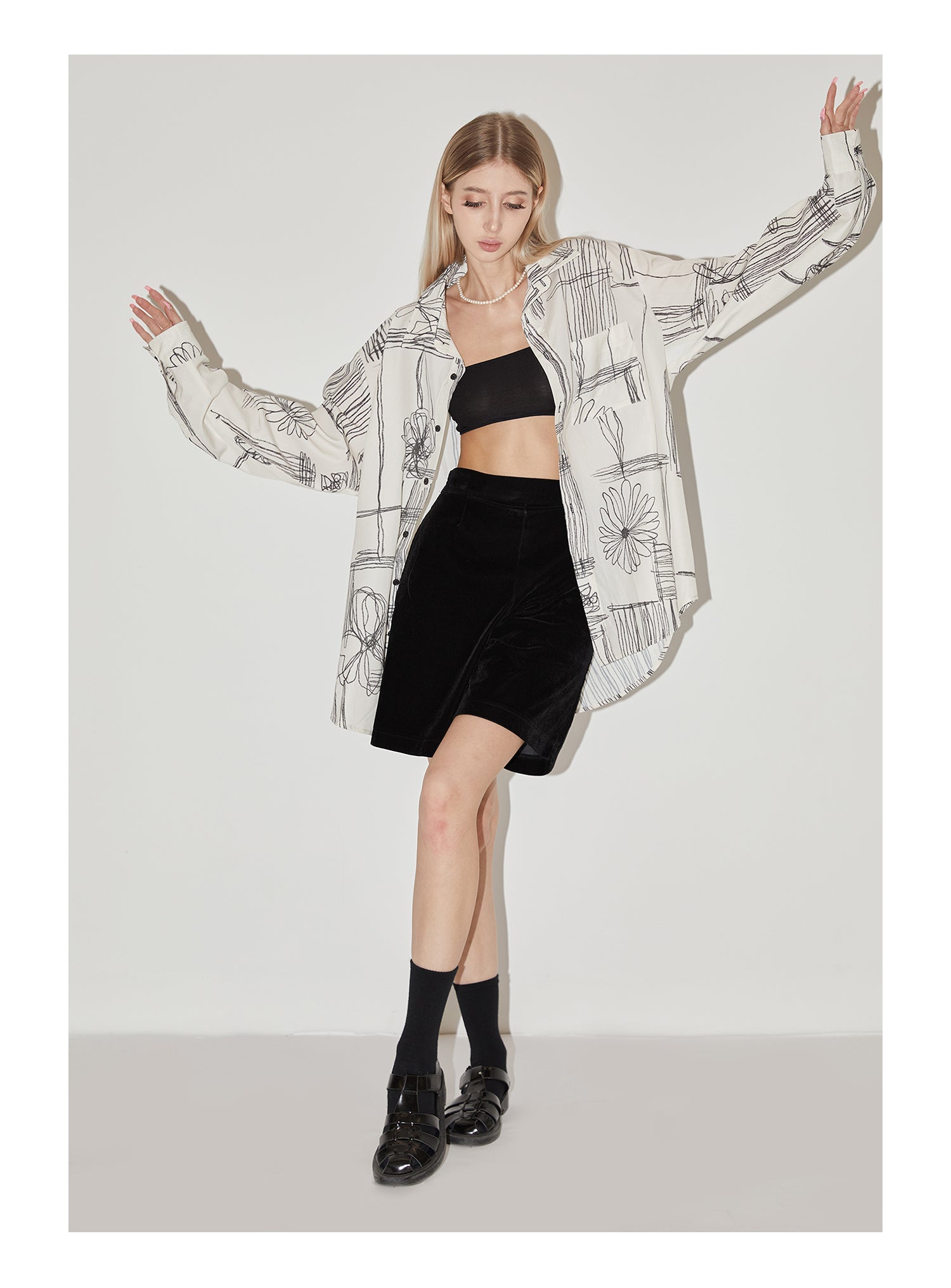 EMPTY REFERENCE Sketch Plaid Floral Print Long Sleeved Shirt