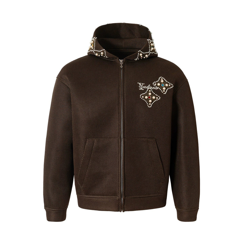 YADcrew Colorful Gemstone Pearl Mesh Zip Up Hoodie