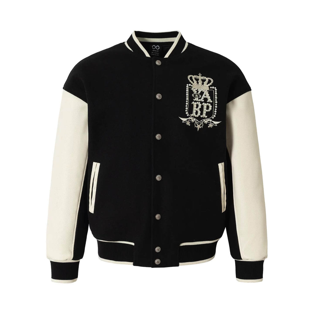 YADcrew x BIPOLAR Embroidered Pearl Beaded Varsity Jacket