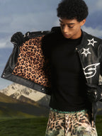 S45 Star Print PU Leather Leopard Lined Biker Jacket