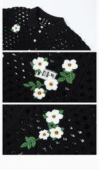MEDM Flower Embroidery Open Knit Short Sleeve Shirt