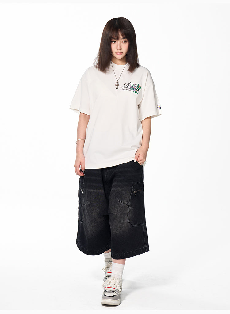 AFGK Flower Embroidered Logo Print Tee