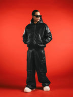 1807 Racing PU Leather Hooded Bomber Jacket