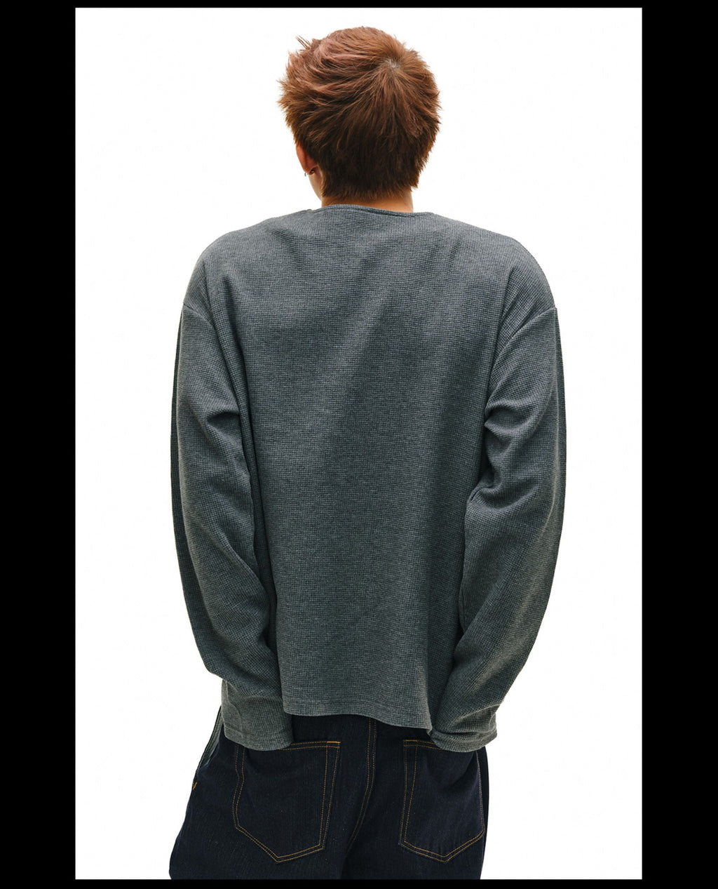 NOVACAM Waffle Vintage Print Zip Long Sleeve Tee