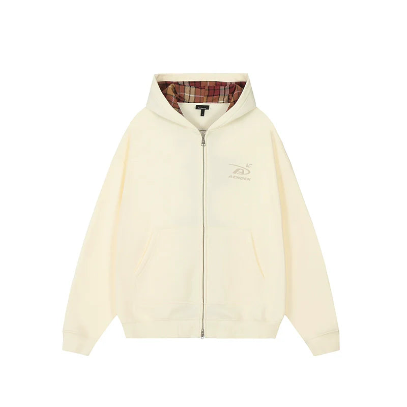 Achock Logo Embroidery Plaid Lining Zip Up Hoodie