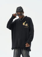 Harsh and Cruel Cartoon Face Distressed Knit Sweater