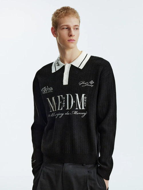 MEDM Color Blocked Long Sleeve Knit Polo Sweater
