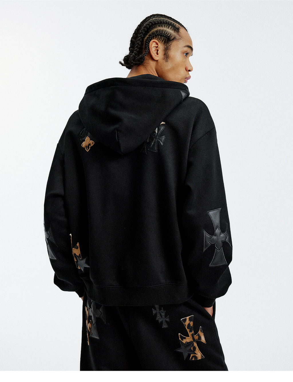 MEDM Cross Star Leather Patchwork Zip Up Hoodie