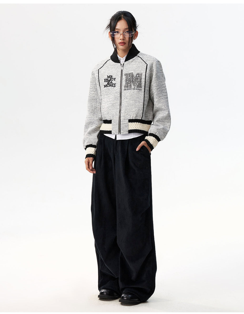 MEDM Pearl Tweed Short Varsity Jacket