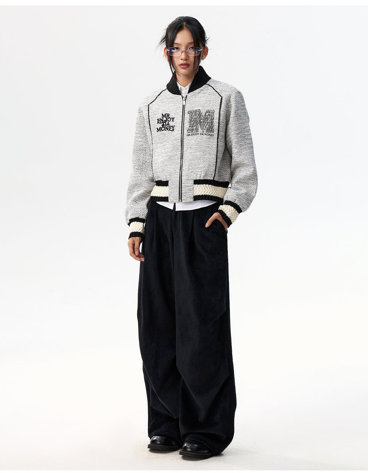 MEDM Pearl Tweed Short Varsity Jacket