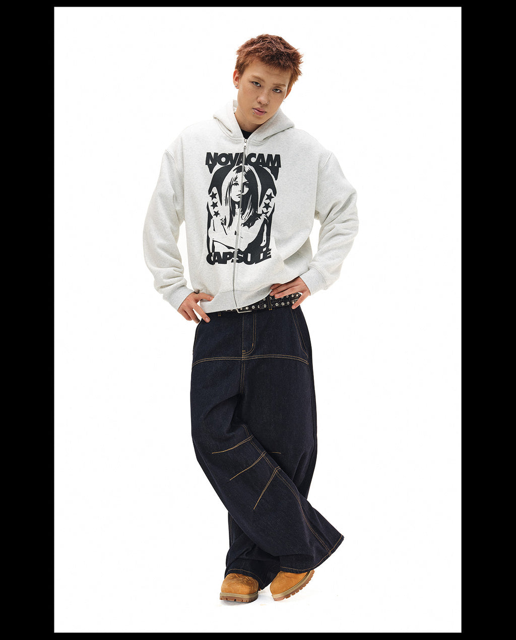 NOVACAM Vintage Print Zip Up Hoodie