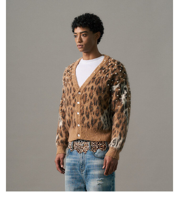 S45 Pearl Studded Leopard Knit Cardigan