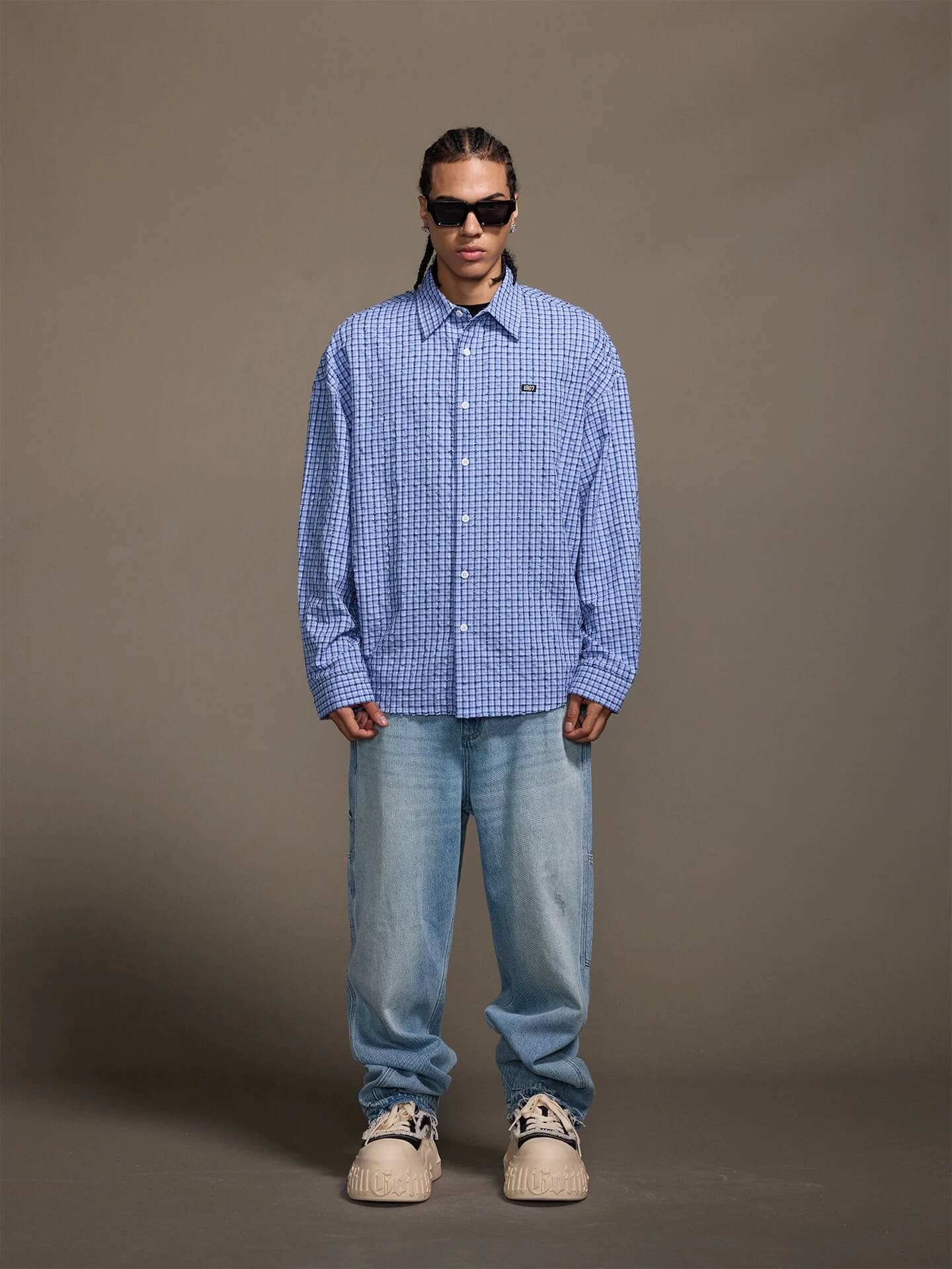 1807 Small Logo Plaid Perforated Long Sleeve Shirt