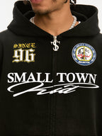 Small Town Kid Washed Badge Letter Printed Zip-Up Hoodie