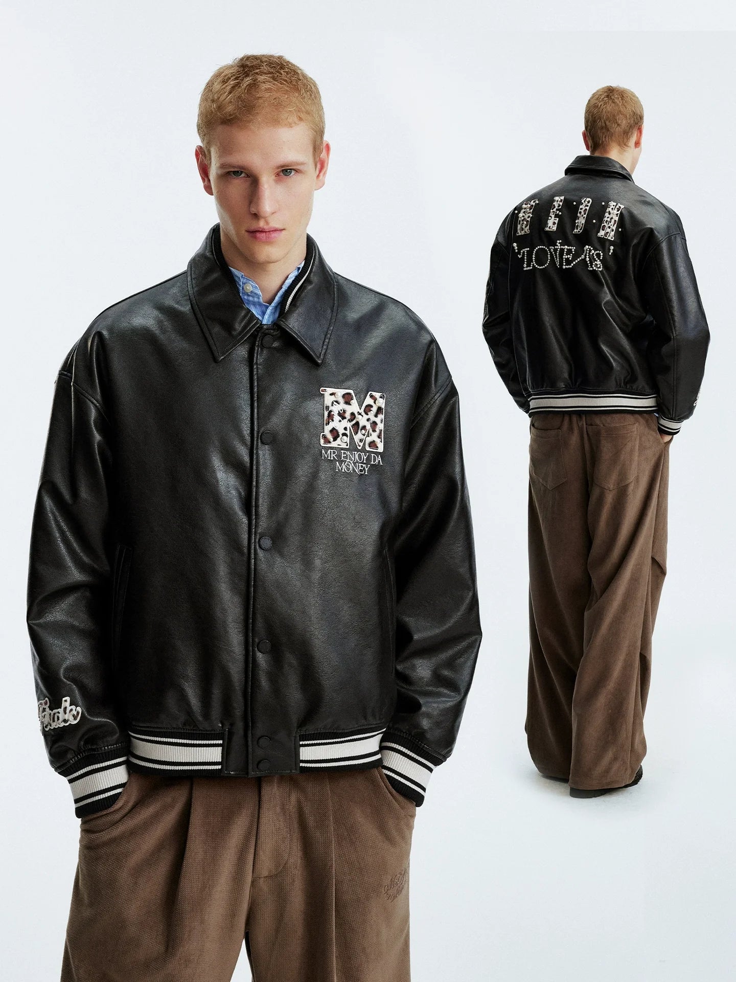 MEDM Leopard Patch Pearl PU Leather Varsity Jacket