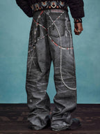 YADcrew x MEDM 3D Cloth Patch Chain Distressed Digital Print Jeans