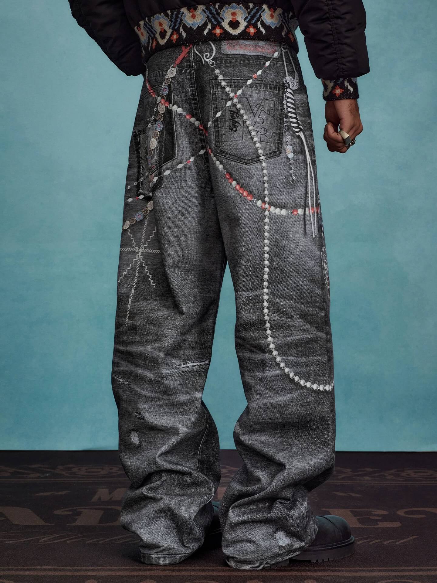 YADcrew x MEDM 3D Cloth Patch Chain Distressed Digital Print Jeans