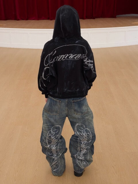 KARMANISTIC Rhinestone Logo Dirty Dye Zip Up Hoodie