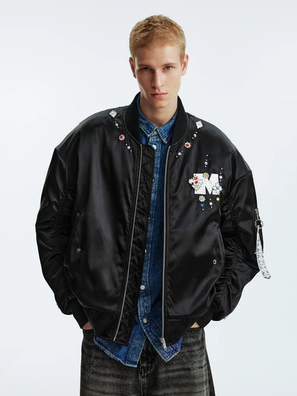 MEDM Gemstone Studded Leather Patch MA-1 Bomber Jacket