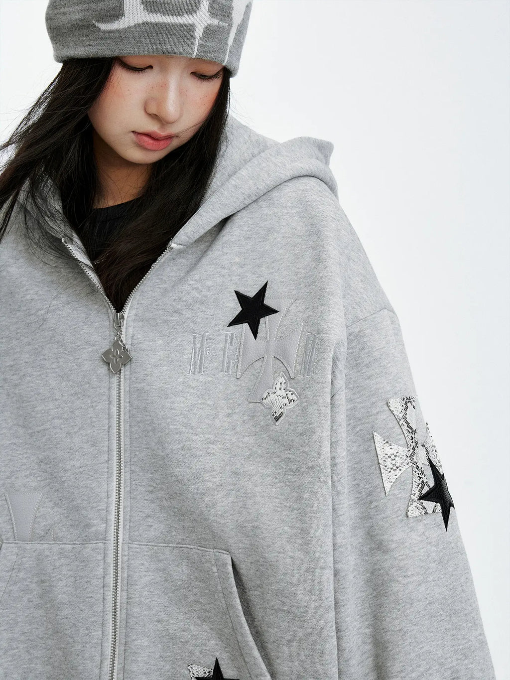 MEDM Cross Star Leather Patchwork Zip Up Hoodie