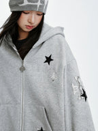MEDM Cross Star Leather Patchwork Zip Up Hoodie