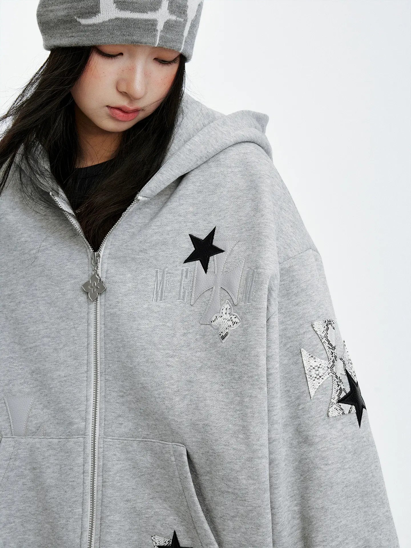 MEDM Cross Star Leather Patchwork Zip Up Hoodie