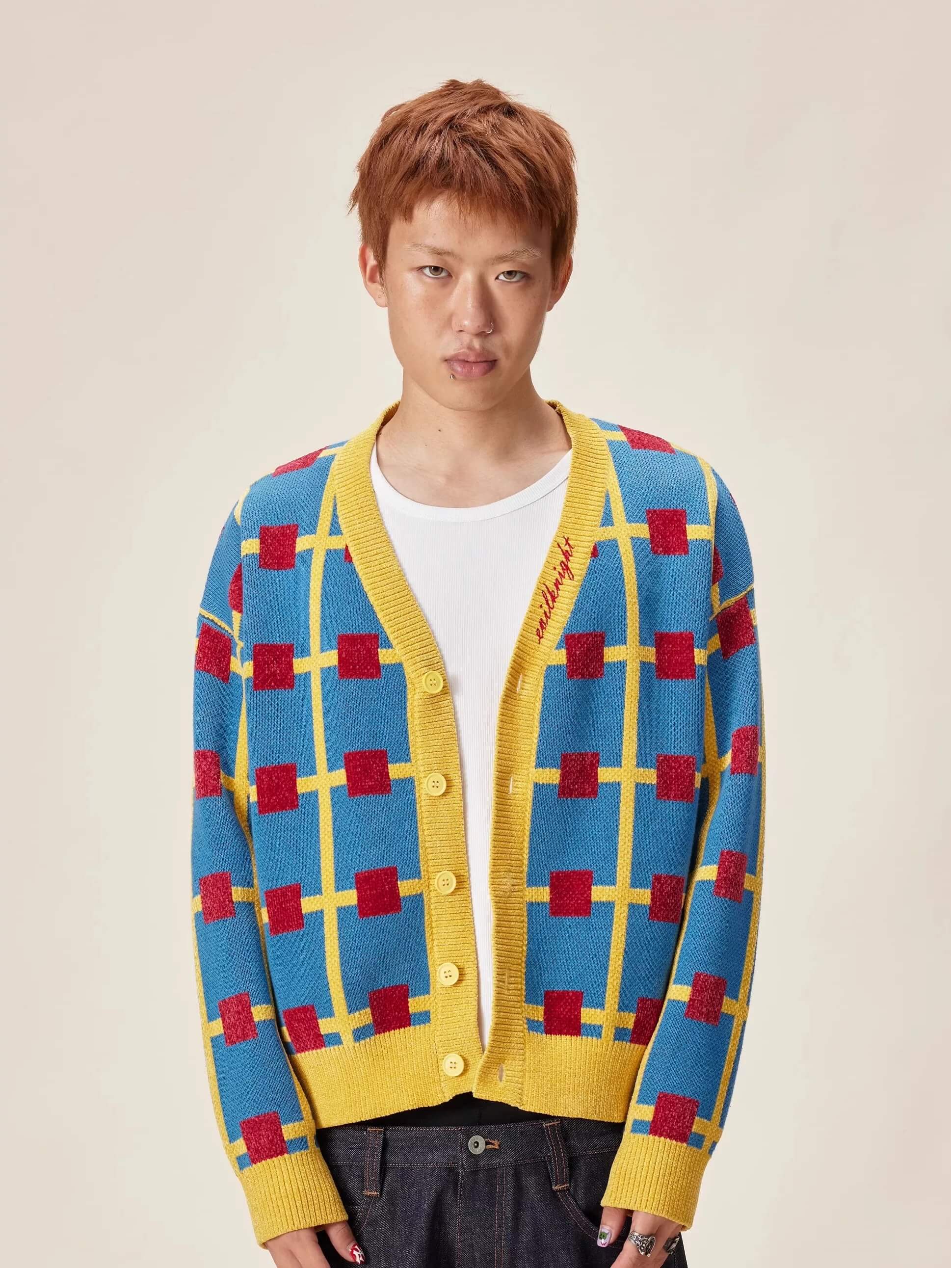 EVILKNIGHT(EK) Multicolor Checkerboard Knit Cardigan